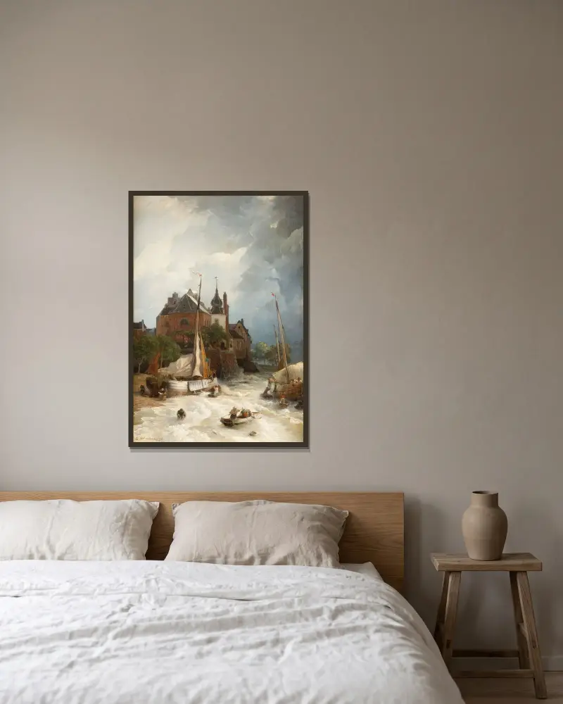Strand vid en stad med gammalt torn och stadsmur av Andreas Achenbach inramad på en vägg