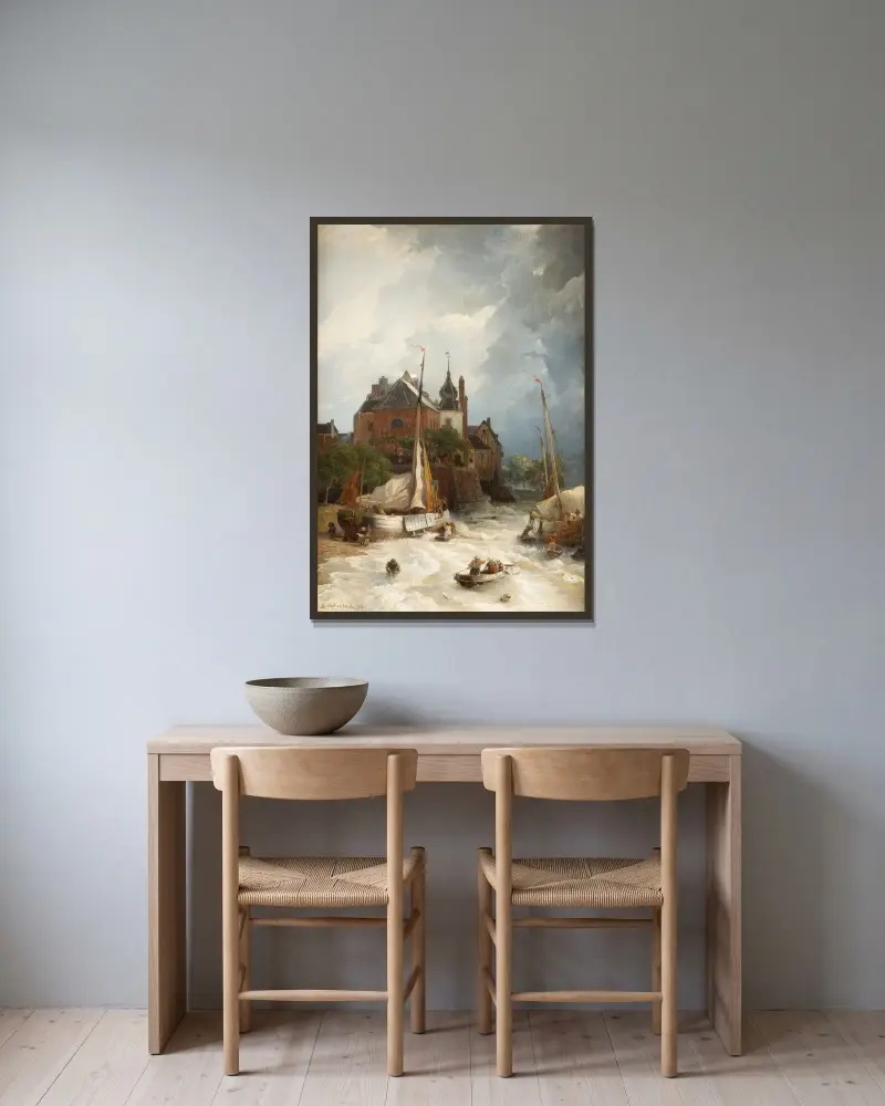 Strand vid en stad med gammalt torn och stadsmur av Andreas Achenbach inramad på en vägg