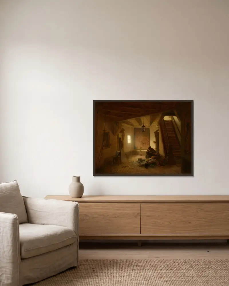 Der Bücherwurm von Andreas Achenbach gerahmt an einer Wand