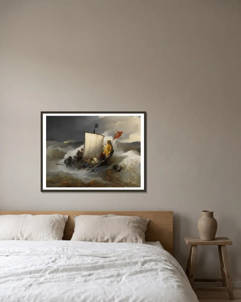 Fischerboot auf stürmischer See av Andreas Achenbach inramad på en vägg