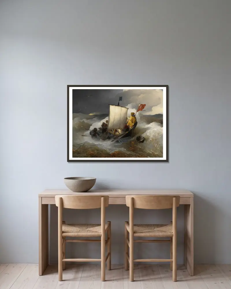 Fischerboot auf stürmischer See av Andreas Achenbach inramad på en vägg