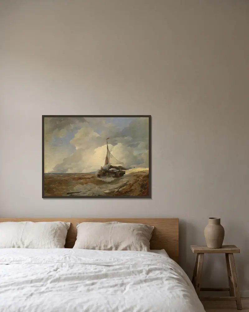 Fischerboot in Seenot von Andreas Achenbach gerahmt an einer Wand