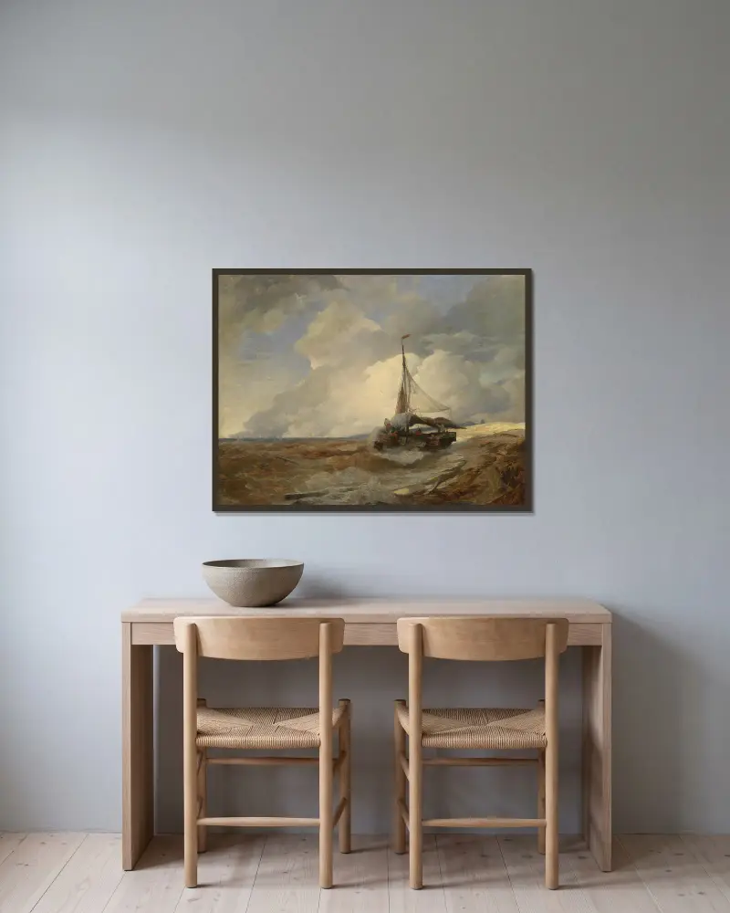 Fischerboot in Seenot von Andreas Achenbach gerahmt an einer Wand