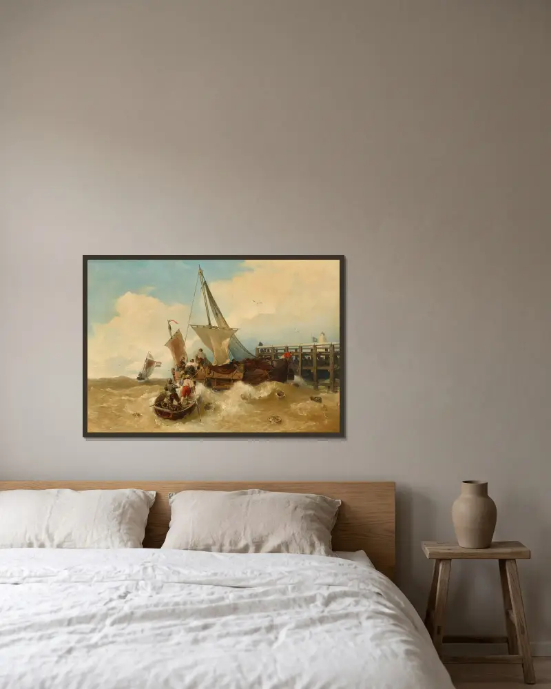 Fiskebåtar i stormig sjö av Andreas Achenbach inramad på en vägg