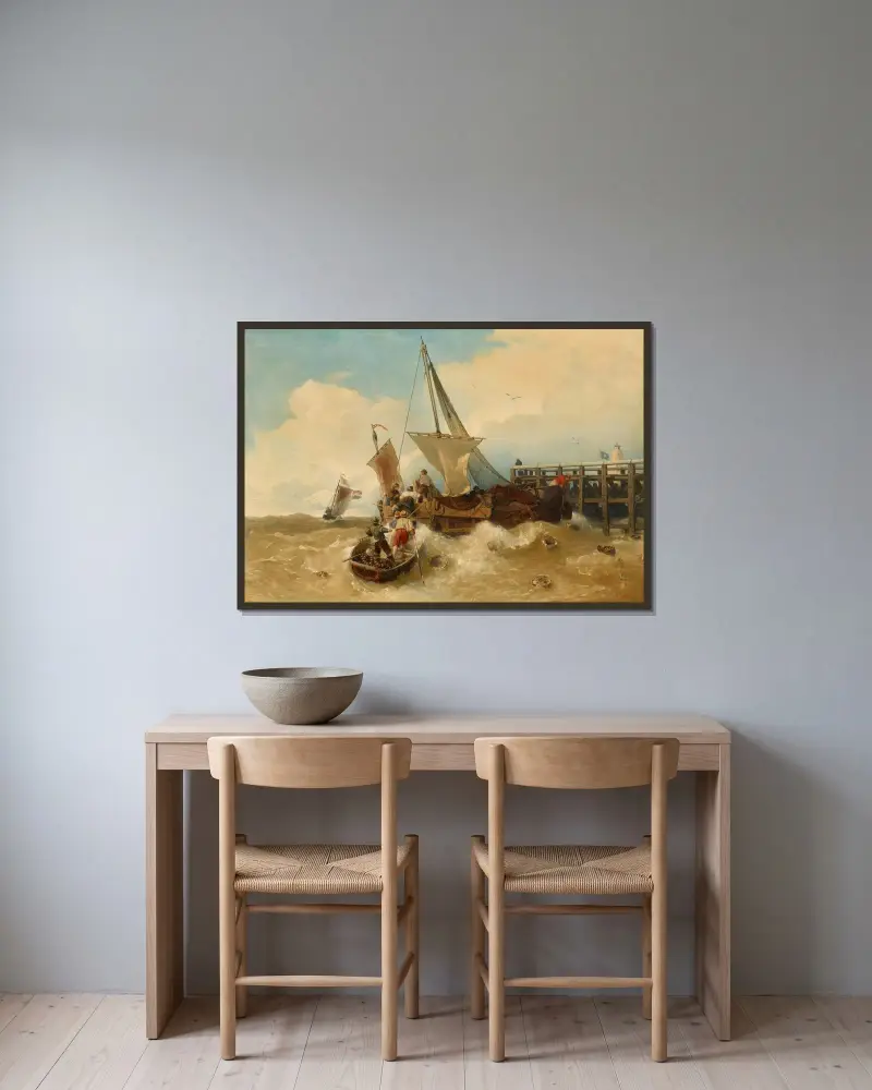 Fiskebåtar i stormig sjö av Andreas Achenbach inramad på en vägg