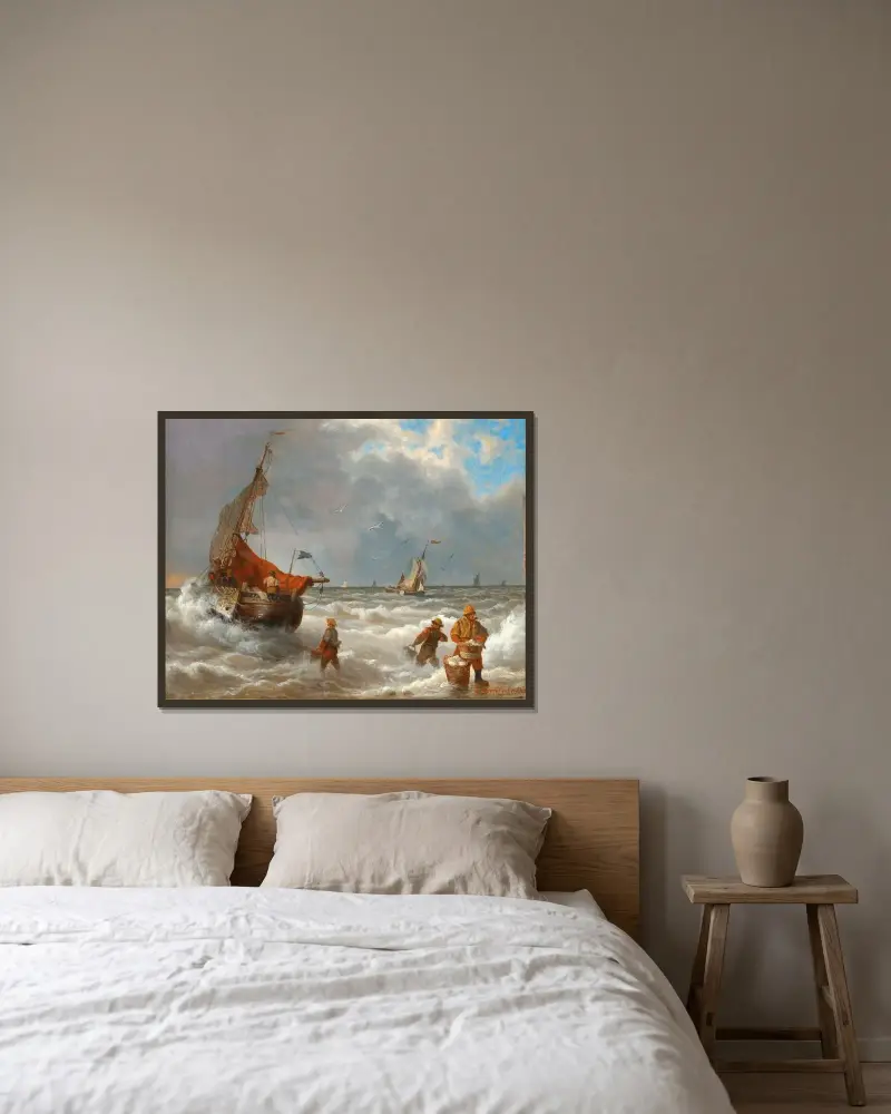 Fiskare på stranden av Andreas Achenbach inramad på en vägg