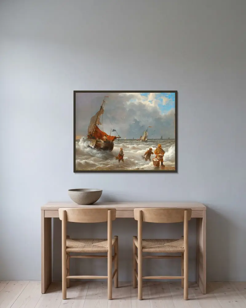 Fiskare på stranden av Andreas Achenbach inramad på en vägg