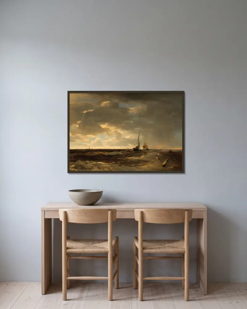 Fiskebåtar på oroligt hav av Andreas Achenbach inramad på en vägg