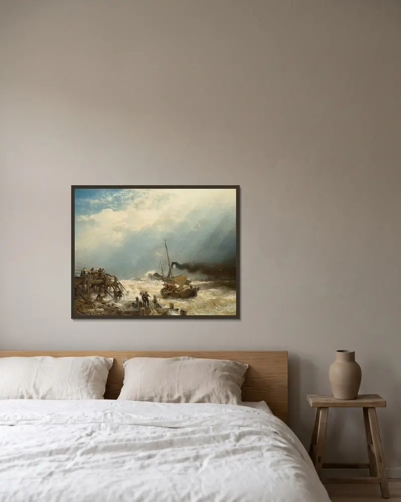 Hamnen i Ostende av Andreas Achenbach inramad på en vägg