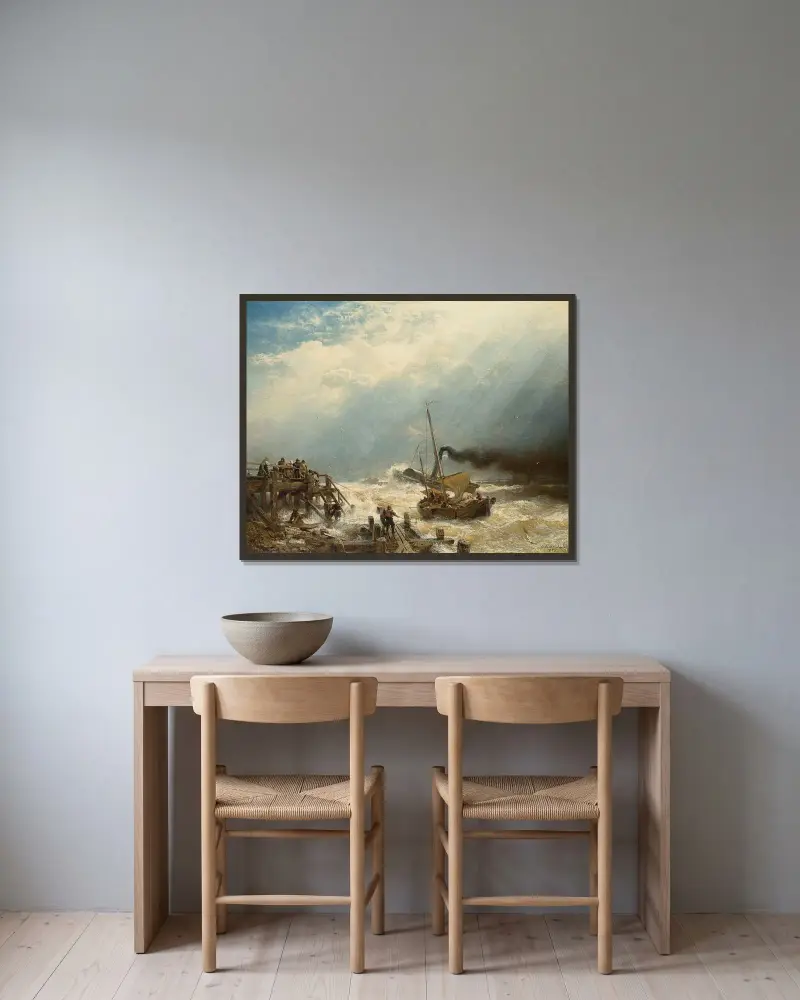 Hamnen i Ostende av Andreas Achenbach inramad på en vägg