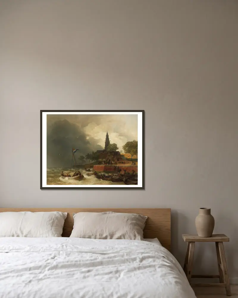 Holländischer Hafen bei Sturm av Andreas Achenbach inramad på en vägg