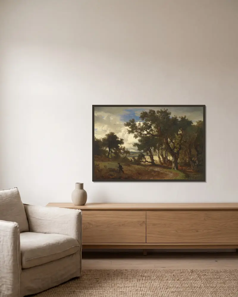 Jäger in Landschaft von Andreas Achenbach gerahmt an einer Wand