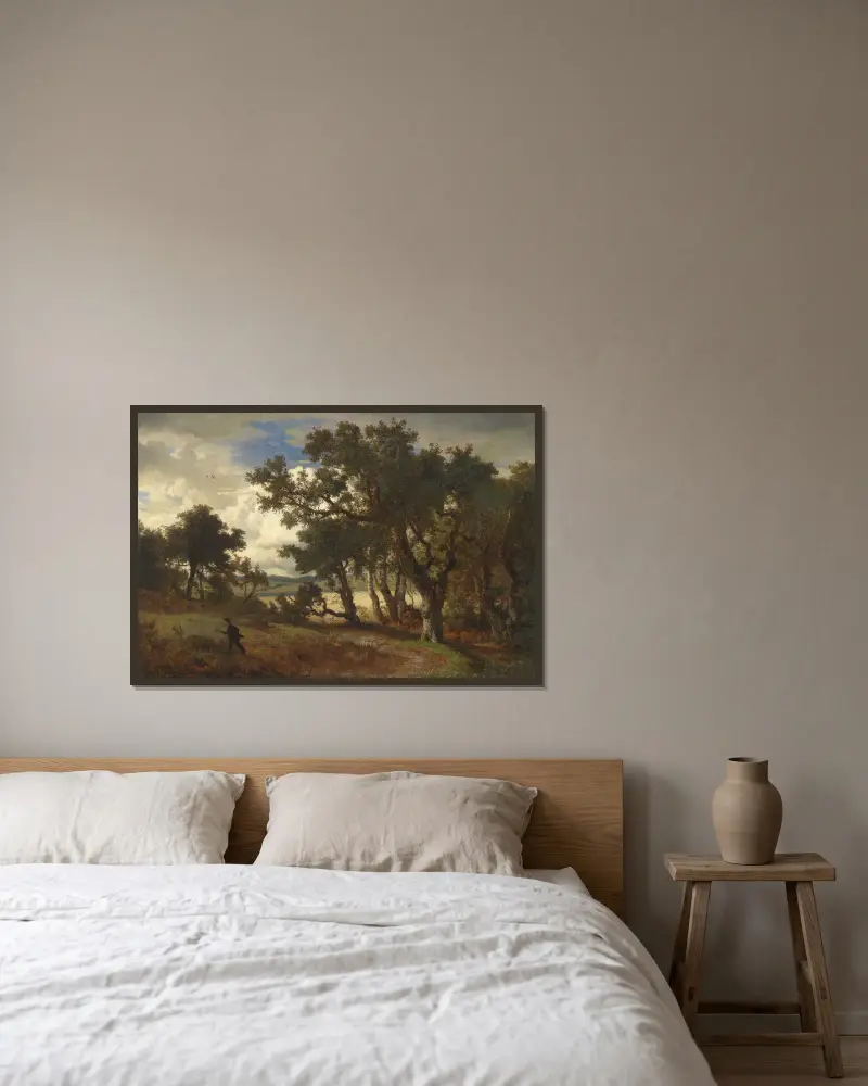Jäger in Landschaft von Andreas Achenbach gerahmt an einer Wand