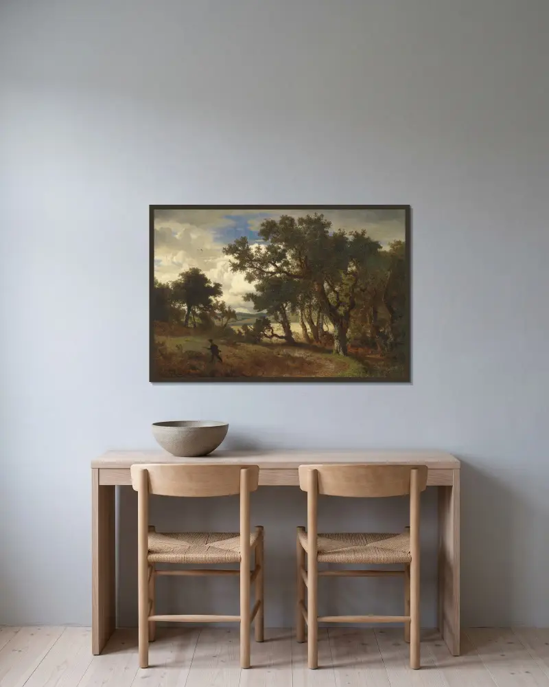 Jäger in Landschaft von Andreas Achenbach gerahmt an einer Wand