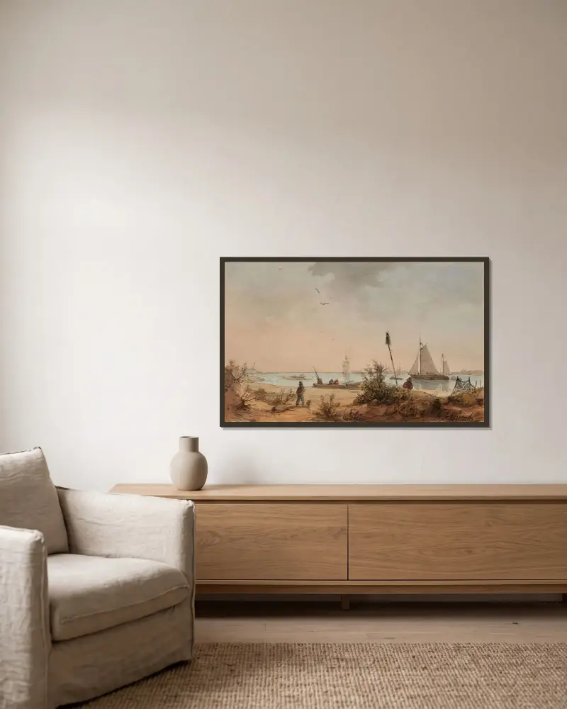 Kustlandskap med fiskare och segelfartyg i fjärran av Andreas Achenbach inramad på en vägg
