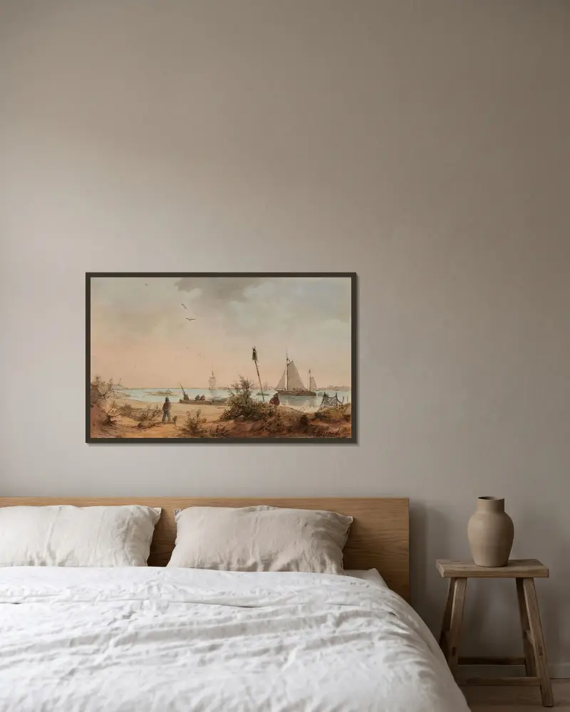 Kustlandskap med fiskare och segelfartyg i fjärran av Andreas Achenbach inramad på en vägg