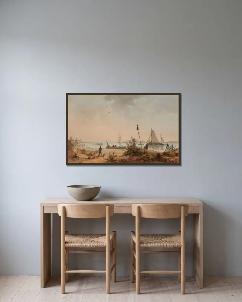 Kustlandskap med fiskare och segelfartyg i fjärran av Andreas Achenbach inramad på en vägg