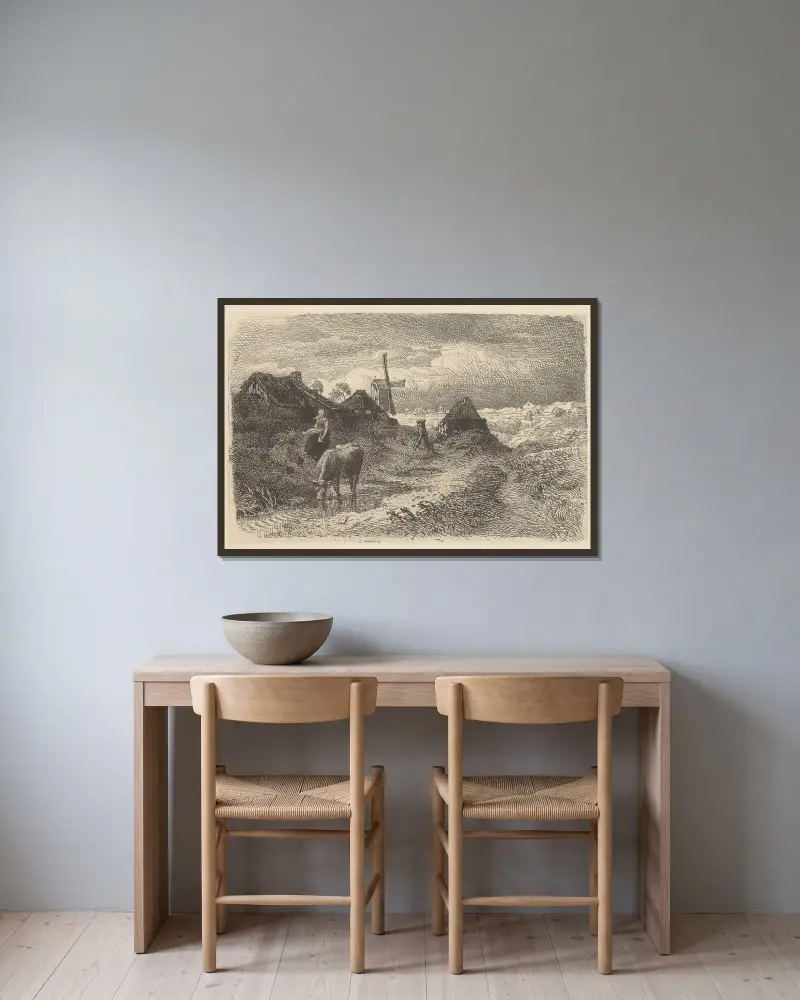 Krajobraz z krową, Andreas Achenbach w ramie na ścianie