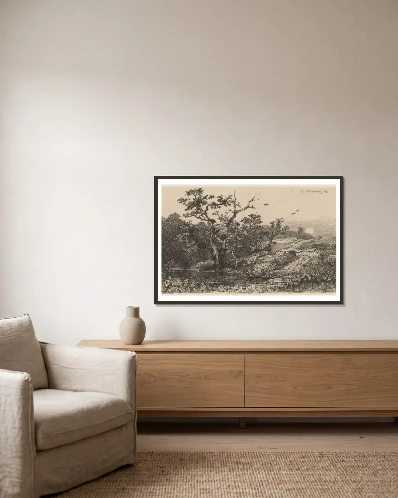 Landschaft mit See von Andreas Achenbach gerahmt an einer Wand