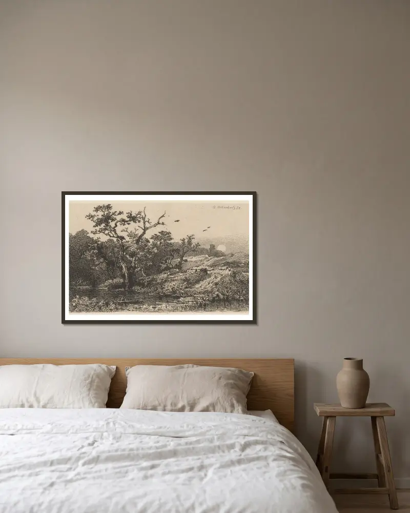 Landschaft mit See von Andreas Achenbach gerahmt an einer Wand