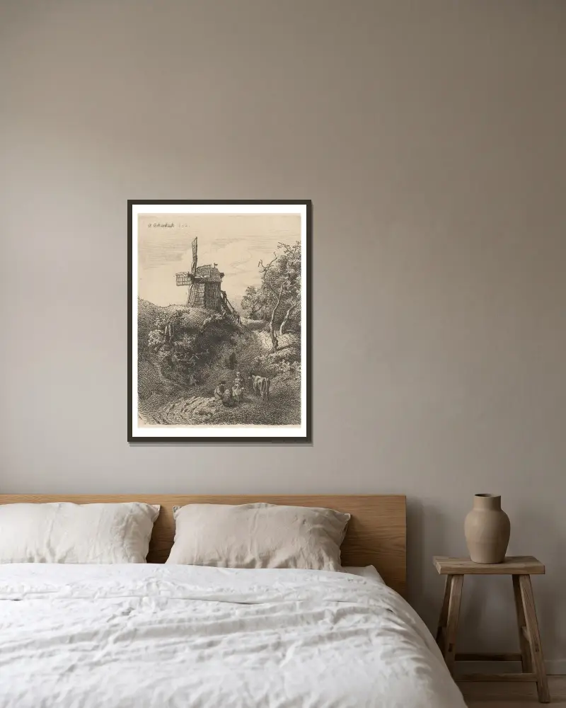 Pejzaż z wiatrakiem na wzgórzu, Andreas Achenbach w ramie na ścianie