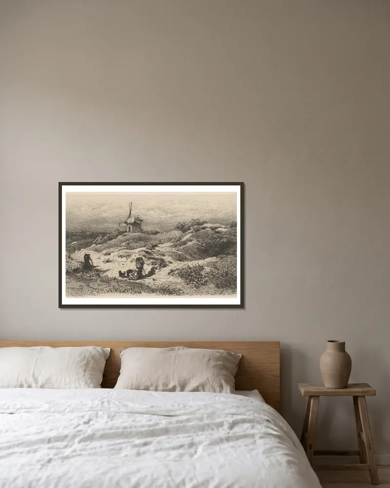 Krajina s větrným mlýnem, Andreas Achenbach v rámu na stěně