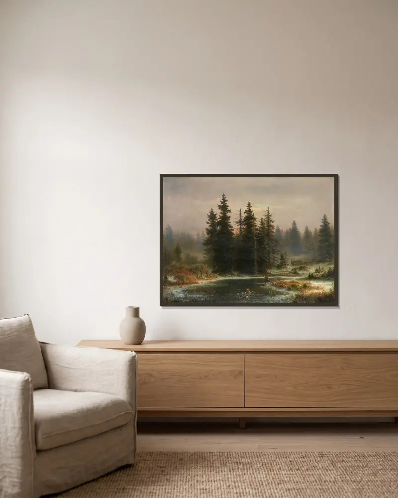 Landskap med granar och en jägare av Andreas Achenbach inramad på en vägg