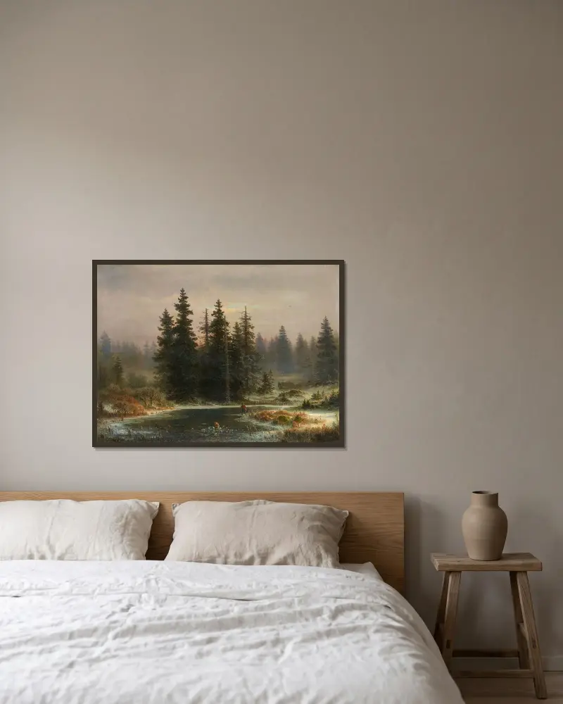 Landskap med granar och en jägare av Andreas Achenbach inramad på en vägg