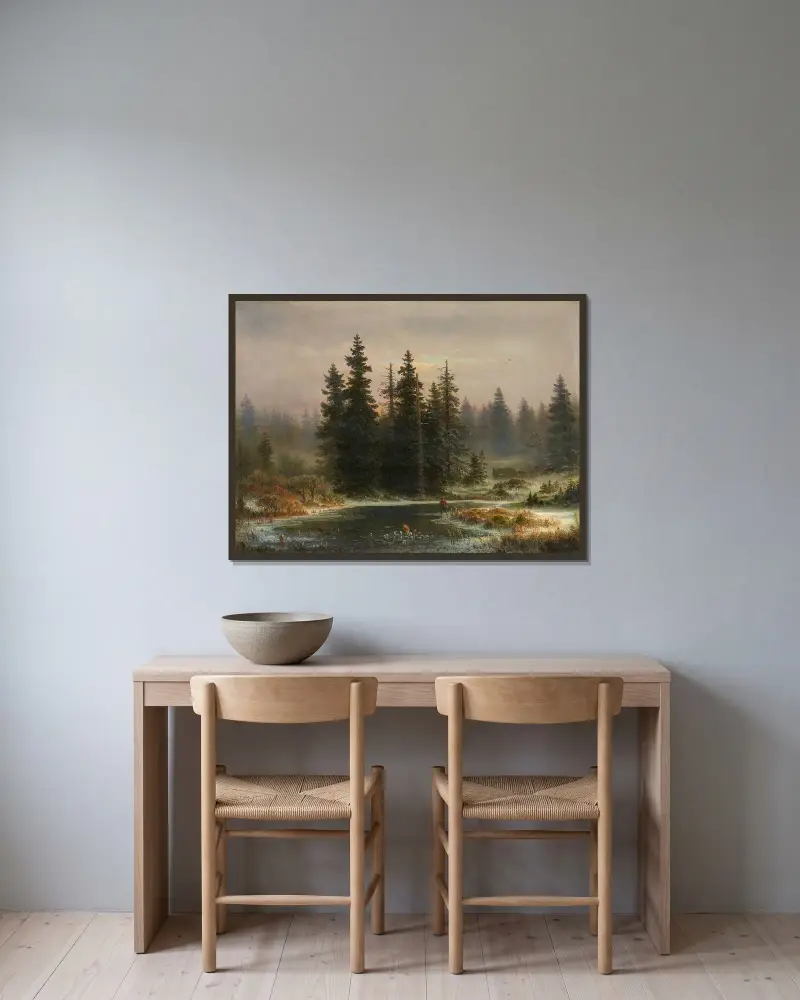 Landskap med granar och en jägare av Andreas Achenbach inramad på en vägg