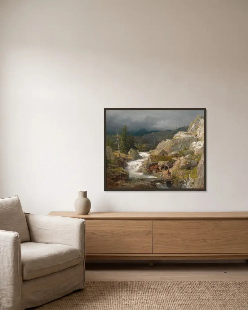 Kvarn vid bergsbäcken av Andreas Achenbach inramad på en vägg