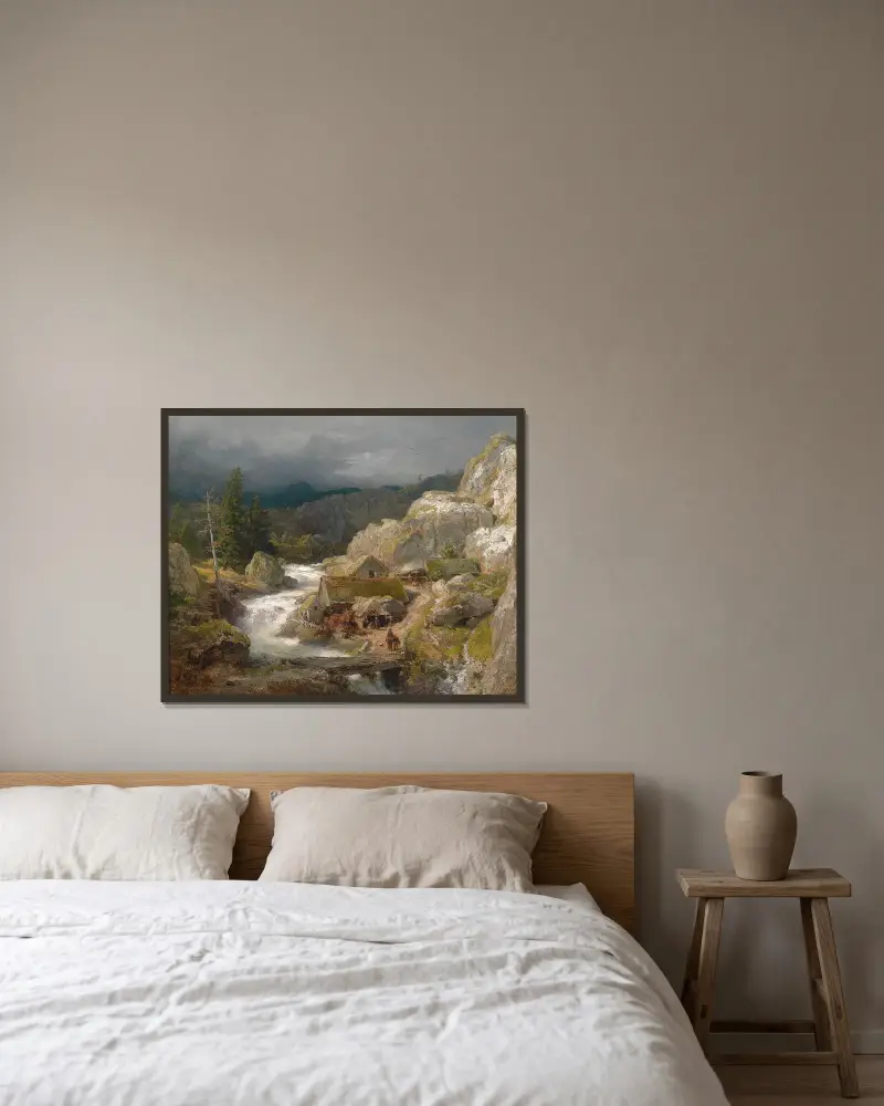 Kvarn vid bergsbäcken av Andreas Achenbach inramad på en vägg
