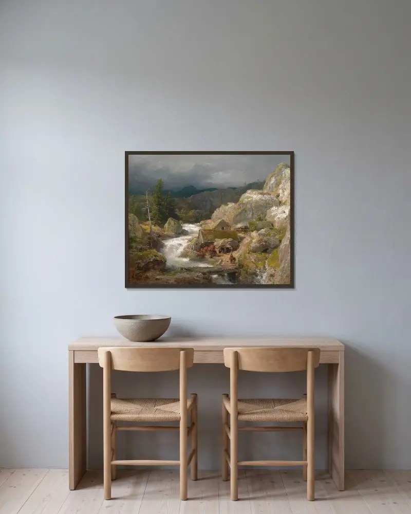 Kvarn vid bergsbäcken av Andreas Achenbach inramad på en vägg