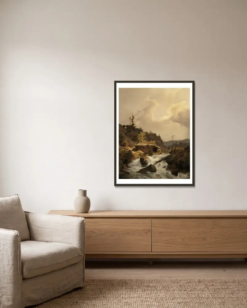 Norwegische Landschaft mit Sägemühle av Andreas Achenbach inramad på en vägg