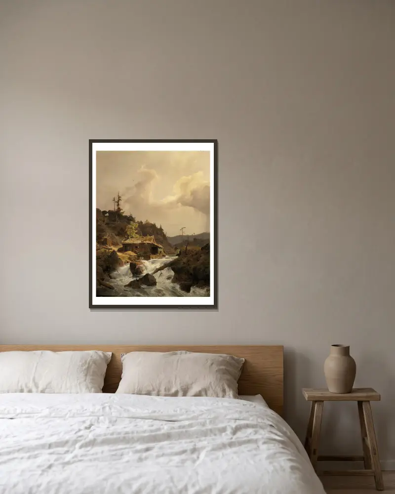 Norwegische Landschaft mit Sägemühle av Andreas Achenbach inramad på en vägg