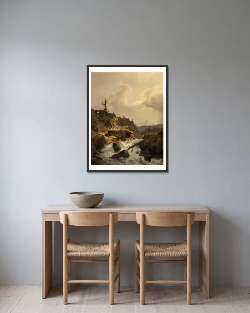 Norwegische Landschaft mit Sägemühle av Andreas Achenbach inramad på en vägg