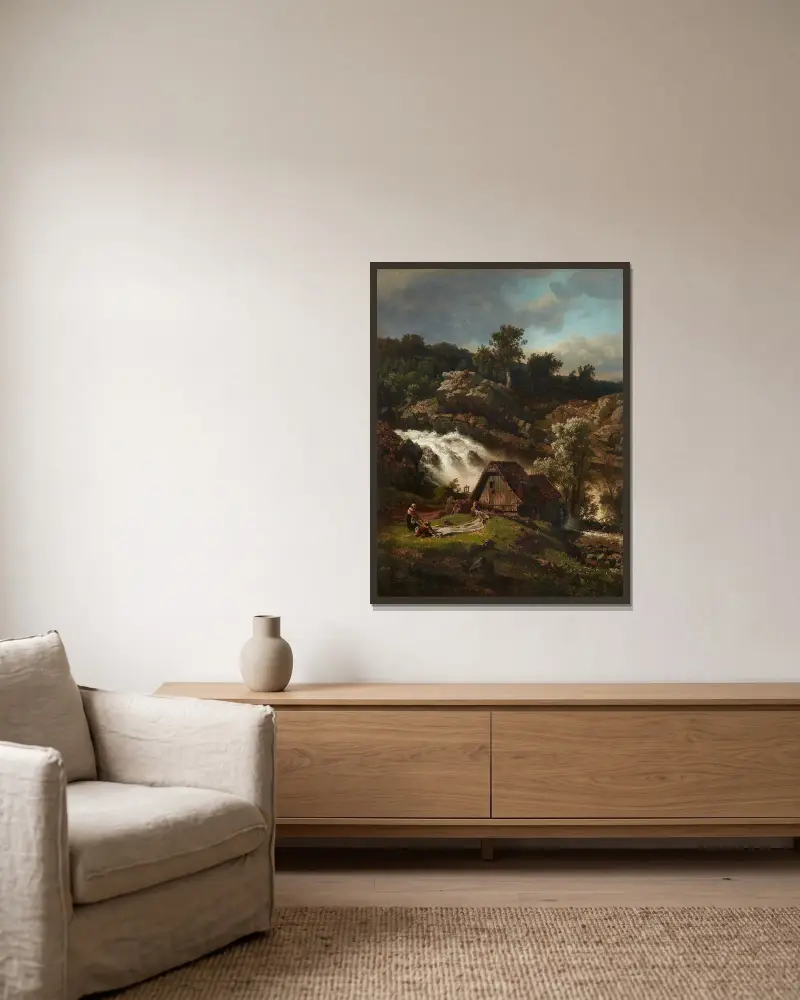Norwegische Wassermühle av Andreas Achenbach inramad på en vägg