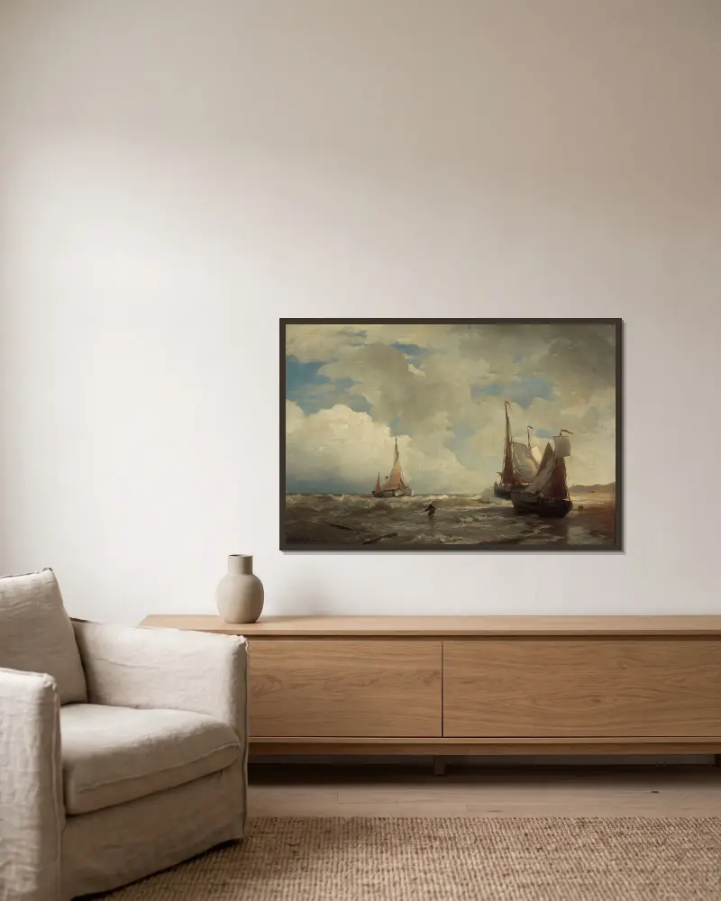 On the North Sea coast av Andreas Achenbach inramad på en vägg
