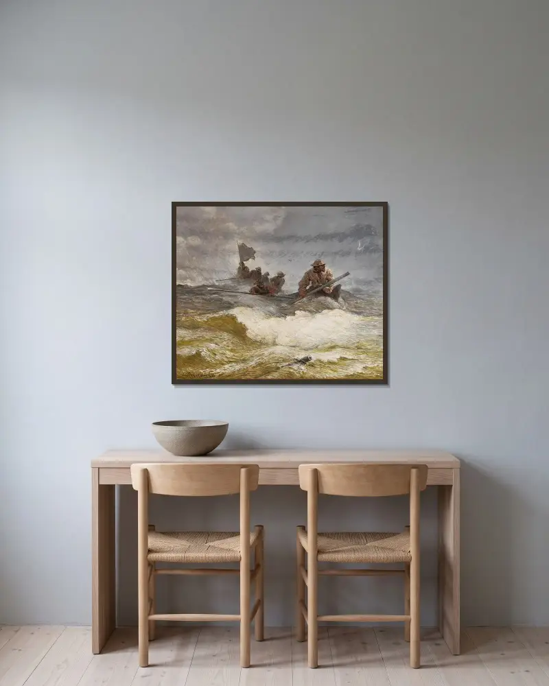 Räddning till sjöss av Andreas Achenbach inramad på en vägg