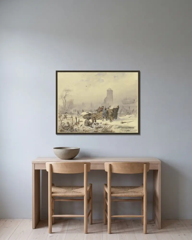 Żeglarze przy zamarzniętym statku, Andreas Achenbach w ramie na ścianie