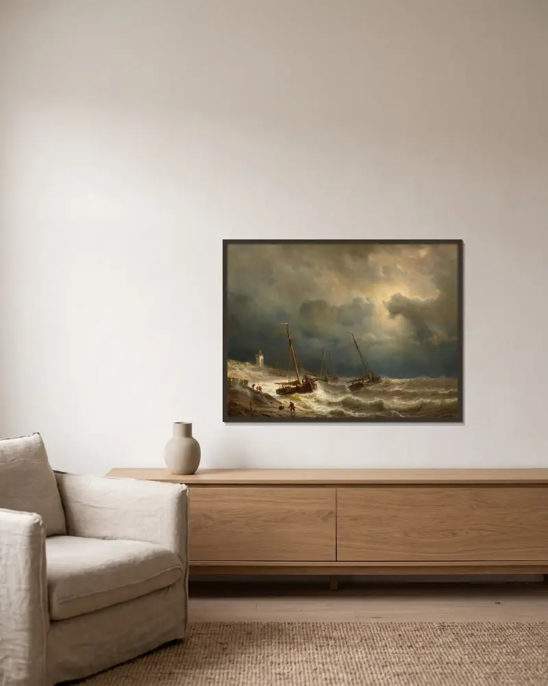 Segelschiffe an einer stürmischen Küste av Andreas Achenbach inramad på en vägg