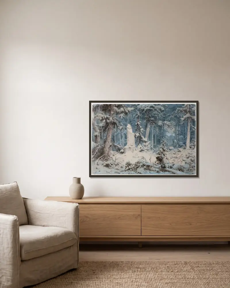 Verschneiter Wald von Andreas Achenbach gerahmt an einer Wand