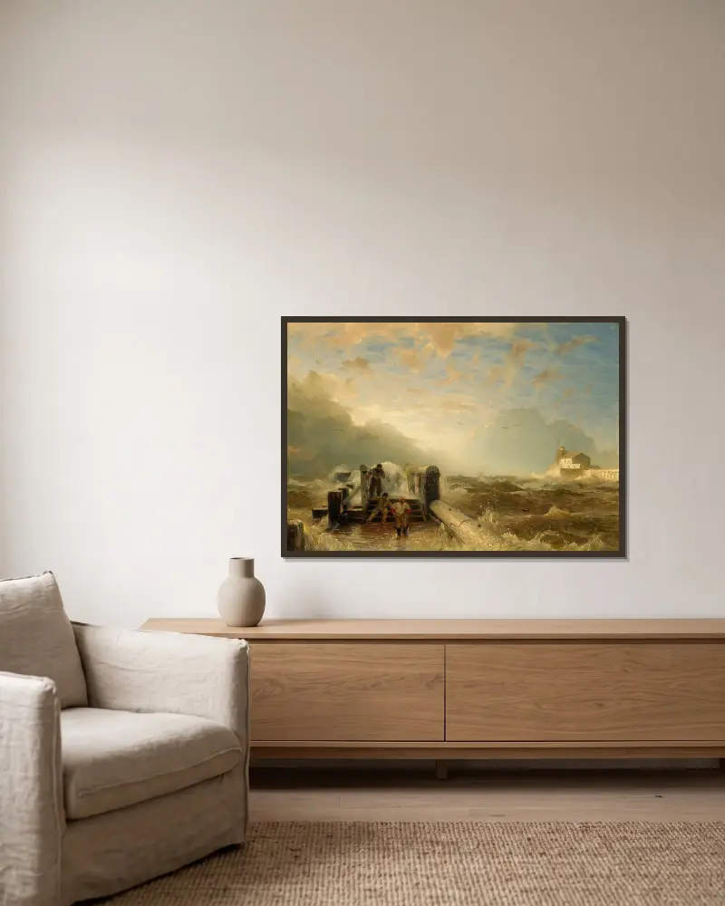 Sturm am Pier von Andreas Achenbach gerahmt an einer Wand