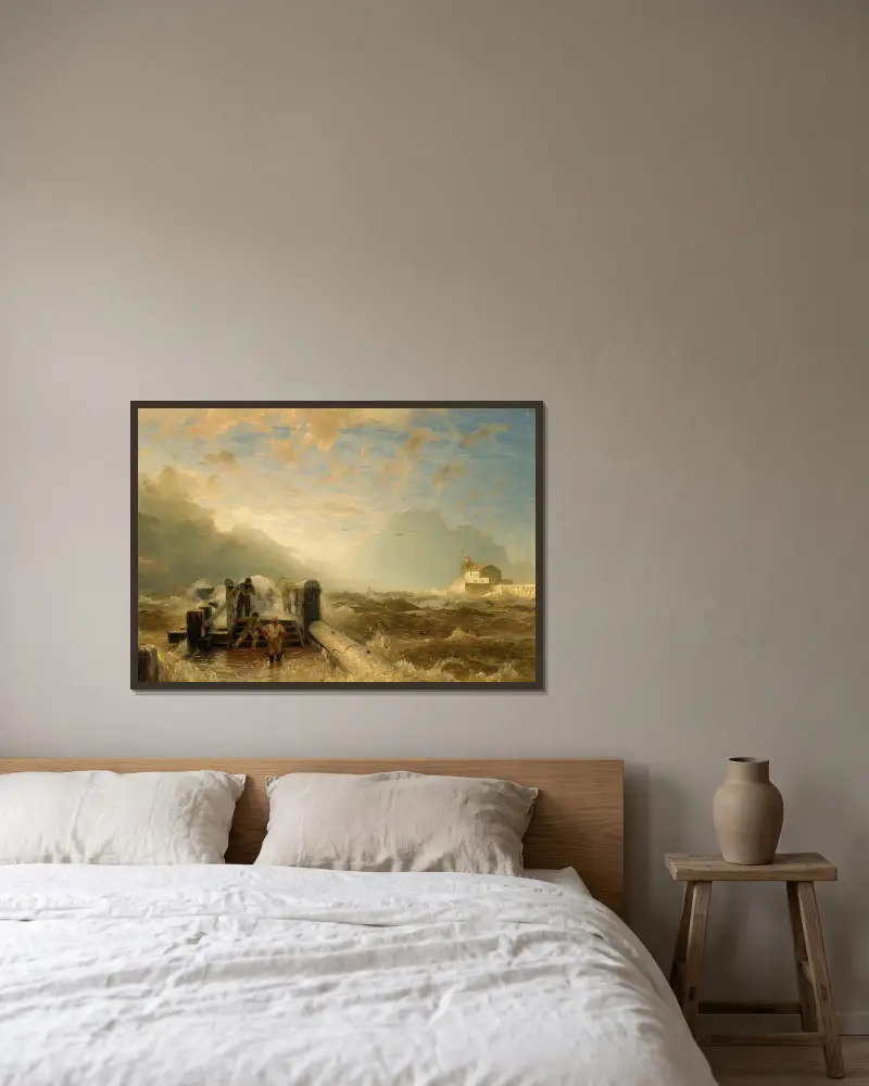 Sturm am Pier von Andreas Achenbach gerahmt an einer Wand