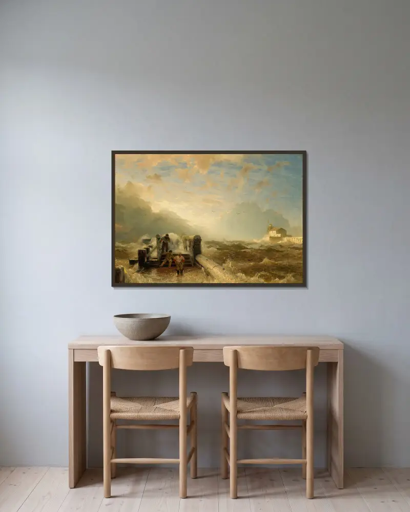 Sturm am Pier von Andreas Achenbach gerahmt an einer Wand