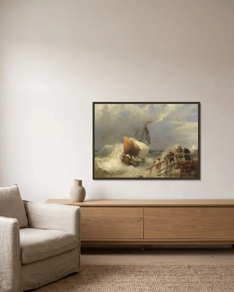 Storm vid hamnen av Andreas Achenbach inramad på en vägg