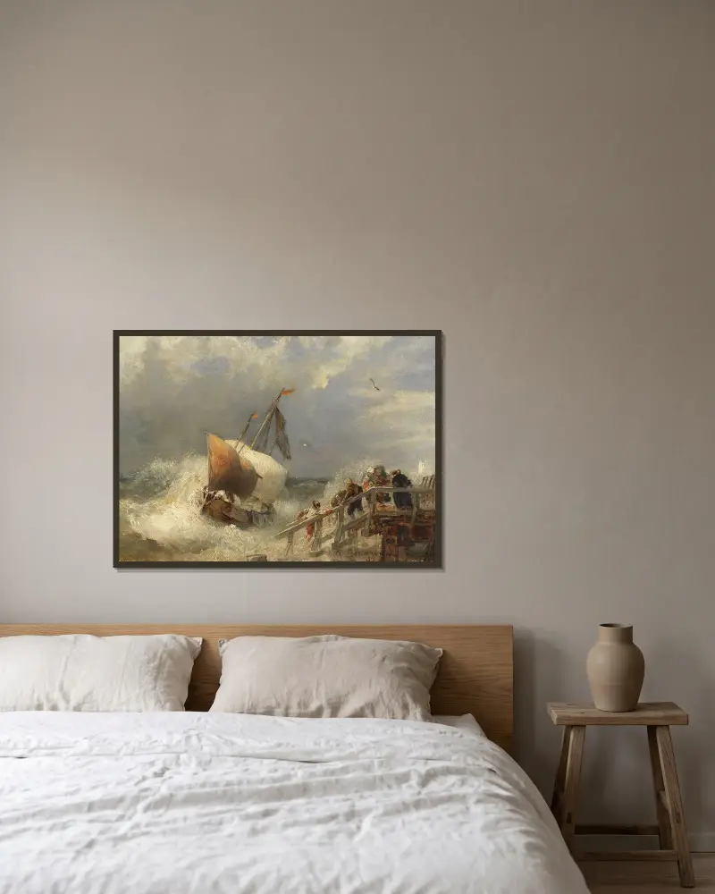 Storm vid hamnen av Andreas Achenbach inramad på en vägg