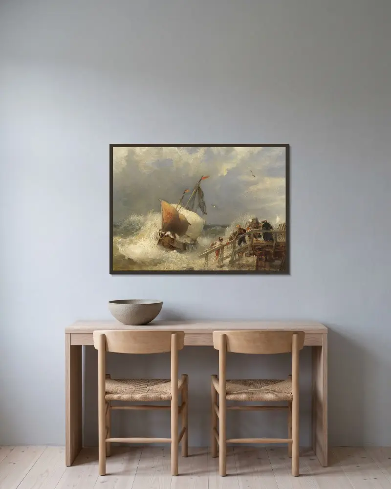 Storm vid hamnen av Andreas Achenbach inramad på en vägg