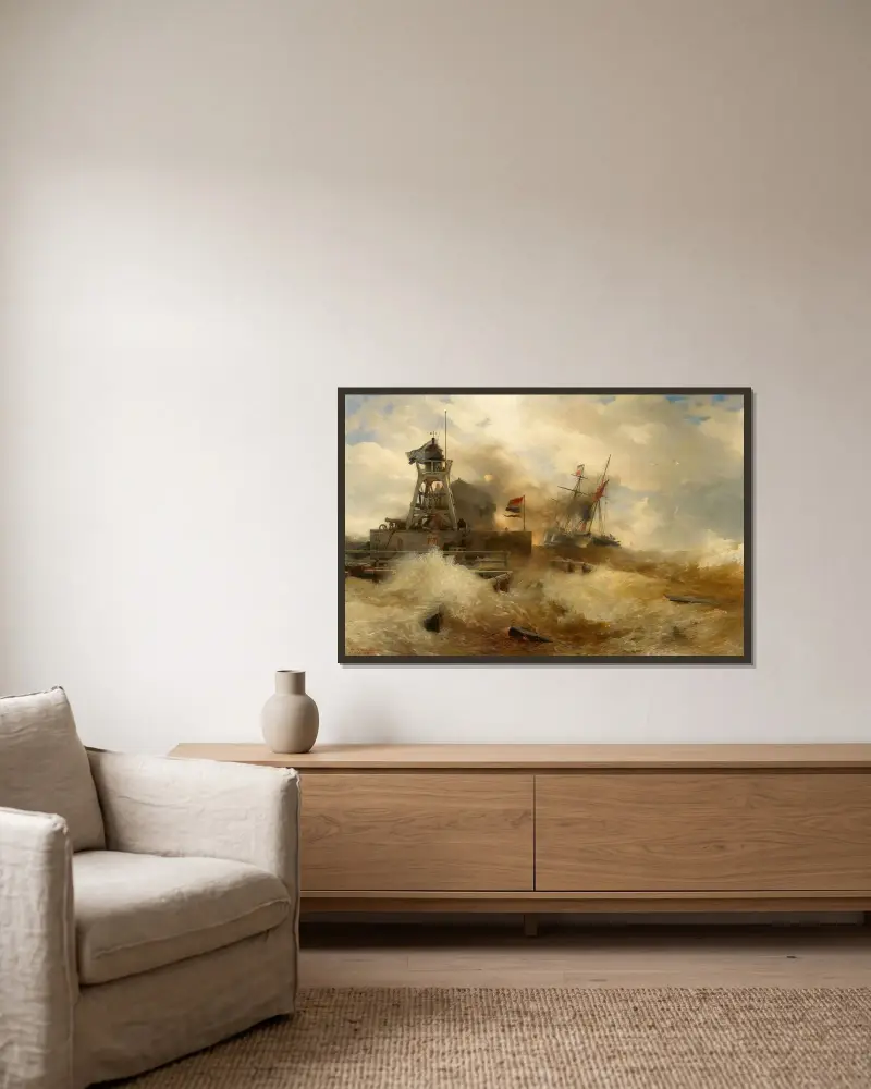 Stormig sjö med ett ångfartyg av Andreas Achenbach inramad på en vägg