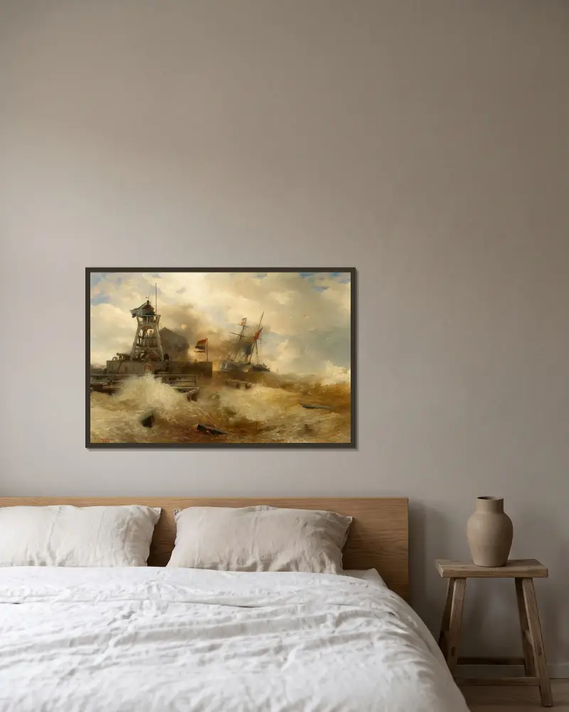 Stormig sjö med ett ångfartyg av Andreas Achenbach inramad på en vägg