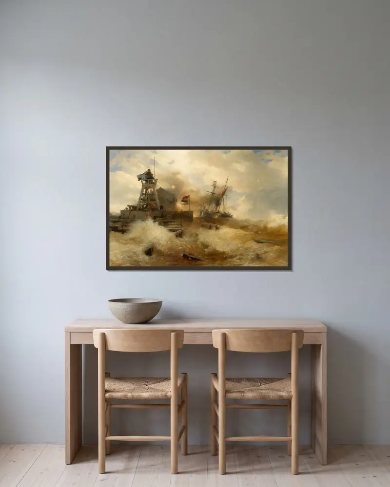 Stormig sjö med ett ångfartyg av Andreas Achenbach inramad på en vägg